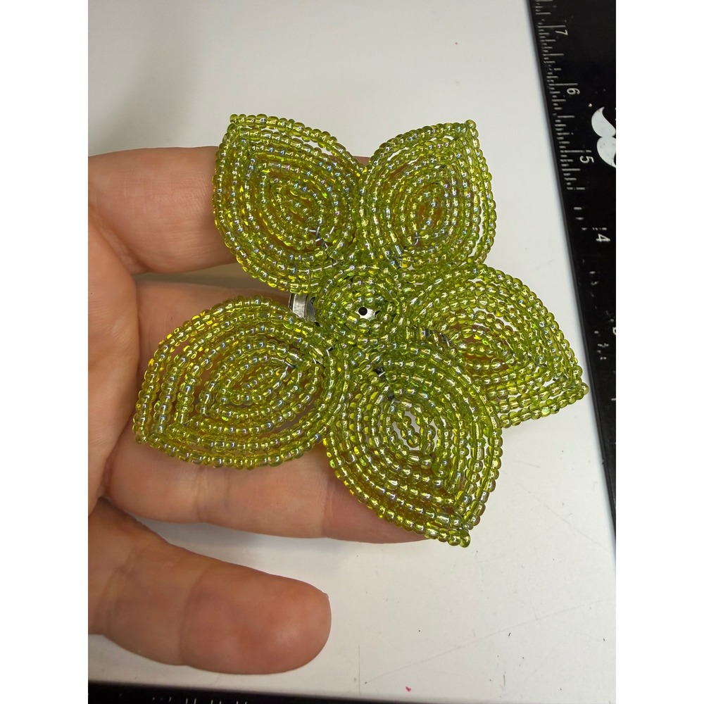 Lime Green Seed Bead Flower Brooch Pin Handcrafted Floral Petal Statement Piece